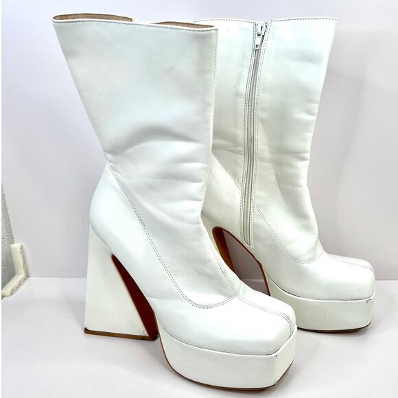 Pretty Little Thing White Platform Boots Size 7 Chunky Heels Square Toe Zip - Picture 6 of 15